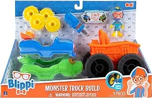 Blippi Build - 3-Inch Racer Figure, 1 Monster Truck Body, 1 Dinosaur Truck Body, Screw on Hubcaps with Shapes, Educational Toys for Kids - 2+