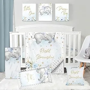 Personalized Baby Crib Bedding Set - 5 Piece Custom Baby Crib Sets with Name, Nursery Bedding Set for Baby Boys Crib Elephant Pattern Gift Idea Double Layer Blanket Set(Fixed Size)