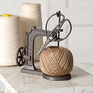 520057 Sewing Machine Jute Twine Ball String and Scissors Holder Set, Vintage Inspired Rustic Farmhouse Style, Gift for Sewer Sewist Crafter, Cast Iron Metal, Brown, 3 Piece Set