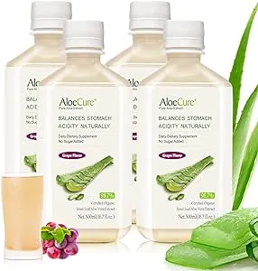 AloeCure USDA Organic Aloe Vera Juice Grape Flavor, Made Within 12 Hours of Harvest - Pure Aloe Juice Natural Digestive & Immune Support Supplement, Naturally Balance Stomach Acidity, 16.7oz x 4 Btls