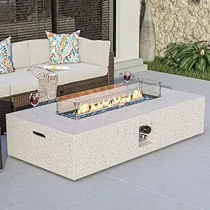 COSIEST Outdoor Propane Fire Pit Table, 56-inch x 28-inch Rectangle Terrazzo White Concrete-Like Finish, 50,000 BTU Stainless Steel Burner w Transparent Gray Fire Glass, Wind Guard, Raincover