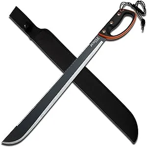 – Machete w/ Reverse Serrations – Black/Satin Blade, Full Tang, Black/Orange Rubberized Nylon Fiber Handle, Nylon Sheath, Outdoor, Hunt, Camp, Hike, Survival, JM-024L