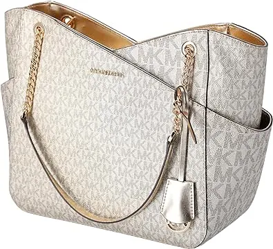 Michael Kors Jet Set Travel Large Chain Shoulder Tote Metallic Signature MK Bag (Pale Gold)