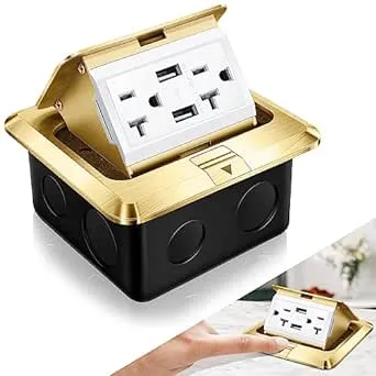 Hoolerry 1 Pack Pop up Floor Outlet Kit Waterproof Electrical Outlet Cover Box with 4.8A USB Charger 20Amp Weatherproof Floor Outlet Tamper Resistant Outlet Receptacle for Countertop Home (Gold)