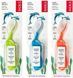 "RADIUS Kidz Toothbrush Children's Right Hand BPA Free ADA Accepted Designed to Clean Teeth & Gums for Children 6 Years & Up - Green Blue Orange - Pack of 3"