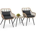 Verano Garden 3 Piece Patio Bistro Set, Outdoor Wicker Conversation Chair Sets Balcony Furniture,Coffee Table with Glass Top, Cushions & Lumbar Pillows for Porch, Backyard, Deck, Poolside