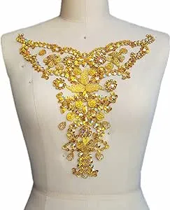 Rhinestone Crystal Trim Bridal Applique Beaded Sequin Sew On Neckline Design Patch Sewing for Wedding Collar Dresses DIY Decoration 28x30cm (Yellow)