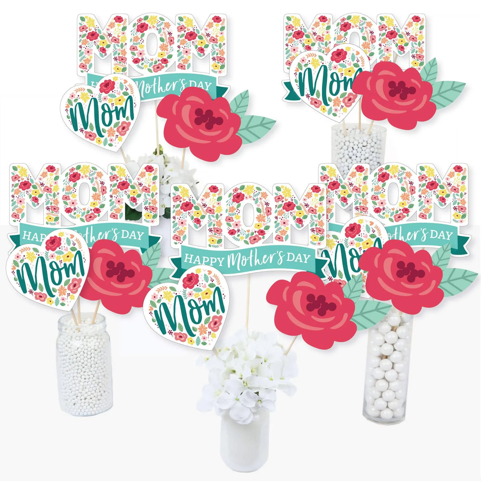 Big Dot of Happiness - Colorful Floral Happy Mother's Day - We Love Mom Party Centerpiece Sticks - Table Toppers - Set of 15