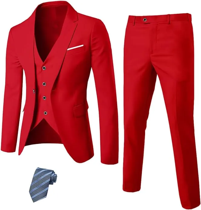 MYS Men's 3 Piece Slim Fit Suit Set, One Button Solid Jacket Vest Pants with Tie