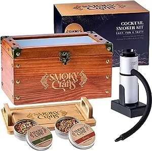 Smoky Crafts Cocktail Smoker Kit - Whiskey Smoker Kit with Smoking Gun, Cocktail Smoker Box, Food Tray and Wood Chips (Apple & Cherry) - Old