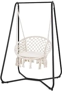 SUNCREAT Patio Swing Chair with Stand and Cushion, Heavy Duty Hanging Chair with Stand for Bedroom, 330 lbs Capacity, Patent Pending, Beige