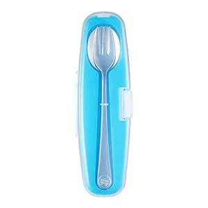 Innobaby Din Din Smart Stainless Steel Spoon and Fork with Carrying Case. Utensil Set for Kids and Toddlers. BPA Free. Blue.