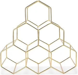 Nat &amp; Jules Honeycomb Gold Tone Iron Metal Tabletop Wine Rack - Holds 6 Bottles