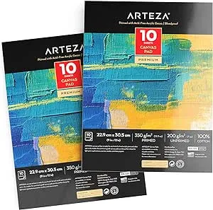 ARTEZA Canvas Pad, 9 x 12 Inches, Pack of 2, 10 Sheets Each, Glue-Bound Canvas Paper for Oil and Acrylic Painting and Mixed Media Techniques