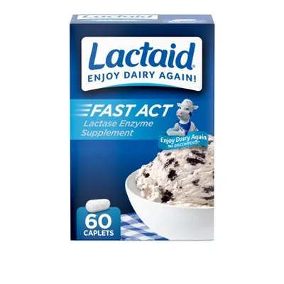 Lactaid Fast Act Lactose Intolerance Relief Caplets, Lactase Enzyme to Prevent Gas, Bloating & Diarrhea Due to Lactose Sensitivity, Supplements for Travel & On-The-Go, 60 Packs of 1-ct.