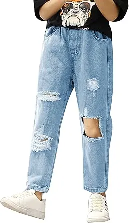 AMEBELLE Ripped Jeans for Teen Girls Elastic Waist Cute Girls Pants 8Y 10Y 12Y 14Y