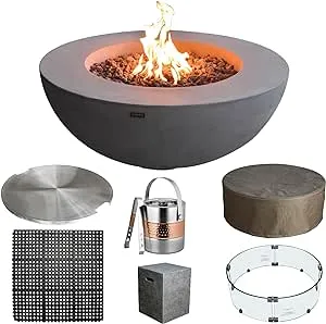 Elementi Lunar Bowl Fire Pit Bundle Outdoor Firepit Set Includes 42” Liquid Propane Concrete Firepit, Glass Windscreen, Stainless Steel Cover, Tank Cover, Canvas Cover, Floor Mat, Ice Bucket