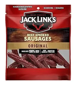 Jack Link’s Beef Smoked Sausages, Original, 4 oz. Bag - Flavorful Ready to Eat Meat Snack with 7g of Protein, Made with Premium Beef - No Added MSG or Nitrates/Nitrites