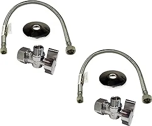 Miiflex Complete Set 1/2 in. Nom Inlet x 3/8 in. OD Compression Outlet Angle Shut Off Valve + Escutcheon Plate + 20" Long Stainless Steel Braided