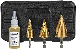 Klein Tools 25951 Electrician's Step Drill Bit Set, Spiral Double Fluted, Titanium Nitride Coating, 1/4-Inch Impact Shank, Case, 3-Piece