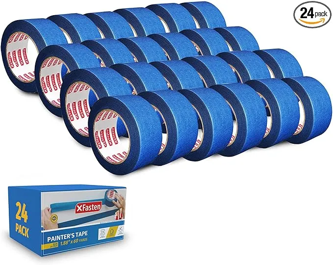 XFasten Blue Painters Tape Bulk, 1.88 Inch x 60 Yards, 1440 Yards Total (24-Pack) Blue Painters Masking Tape Bulk - Sharp Edge Line Technology, Produces Sharp Lines | Residue-Free Wall Trim Tape