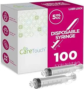 Care Touch CTSLL5 Luer Lock Tip Syringe, 5mL Syringe, 100 Disposable Syringes Without Needles