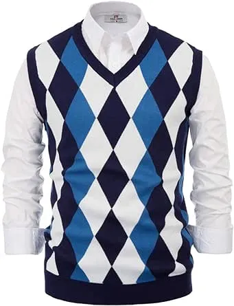 PJ PAUL JONES Mens Casual Argyle Sweater Vest V-Neck Sleeveless Pullover Knitwear Vests