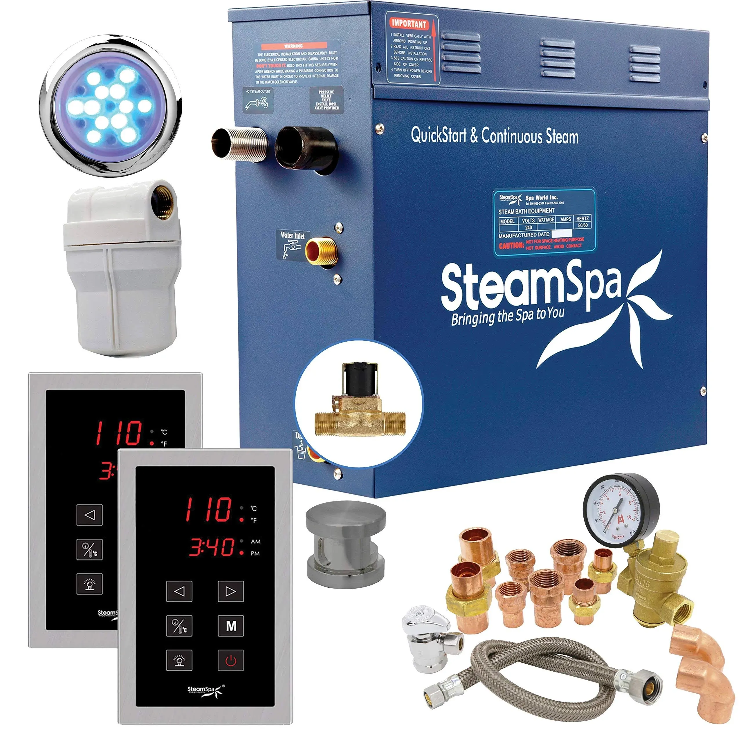 SteamSpa 9kW Steam Sauna Generator Executive Bundle 240V Steam Generator with Touch Pad, Steamheads, Pressure Relief Valve, Built-in Auto Drain, LED Light, Filter and Quick Install Kit EXT900BN-A