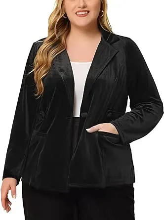 Agnes Orinda Plus Size Velvet Blazers for Women Vintage Party Button Notched Lapel Casual Blazer Velvet Jacket