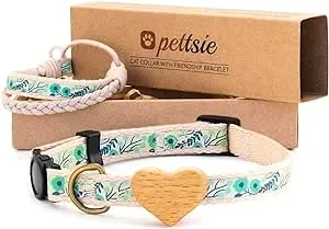 Pettsie Cat Collar with Heart, Safe Breakaway Buckle, Matching Friendship Bracelet, Soft and Comfortable Cotton for Sensitive Skin, Carton Box, Easy Adjustable 8-11 Inches, Green