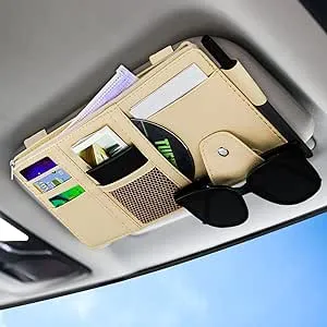 Beige Leather Car Sun Visor Organizer Pocket Sunglass Holder Car Accessories