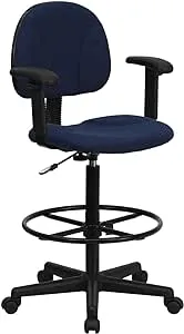 "Navy Blue Patterned Fabric Drafting Chair with Adjustable Arms (Cylinders: 22.5''-27''H or 26''-30.5''H)"