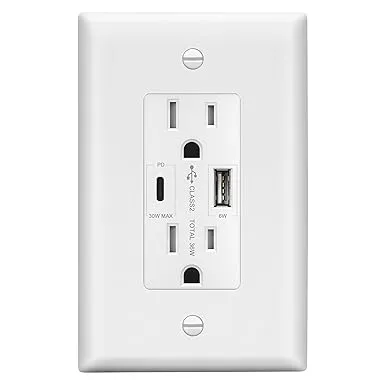 LIDER USB-C 36W Power Delivery Wall Outlet, Duplex Tamper-Resistant Receptacle with USB Type-C/USB Type-A Charging Ports, Interchangeable Face Cover, Modern, UL Listed, Wall Plate Included, White