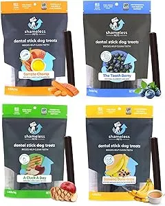 Shameless Pets Dental Treats for Dogs, Variety (4-Pack) - Healthy Dental Sticks for Teeth Cleaning & Fresh Breath - Dog Bones Dental Chews Free from Grain, Corn & Soy