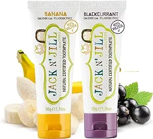 Jack N' Jill Natural Certified Toothpaste - Safe if Swallowed, Contains 40% Xylitol, Fluoride Free, Organic Fruit Flavor, Makes Tooth Brushing Fun for Kids - Banana & Blackcurrant, 1.76 oz (Pack of 2)