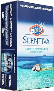 Clorox Scentiva Fabric Softening Dryer Sheets | Fabric Sheets in Pacific Breeze & Coconut Scent | Laundry Dryer Sheets for Fresh & Clean Clothes | 105 Count