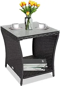 kinbor Porch Side Table, Wicker Table with Storage, Outdoor Square Side Tables for Patio Garden Porch, Black