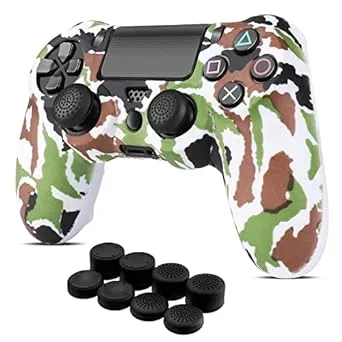 PS4 Controller Skin Grip Cover Silicone Gel Rubber w/ Stick Cap Camo Green White