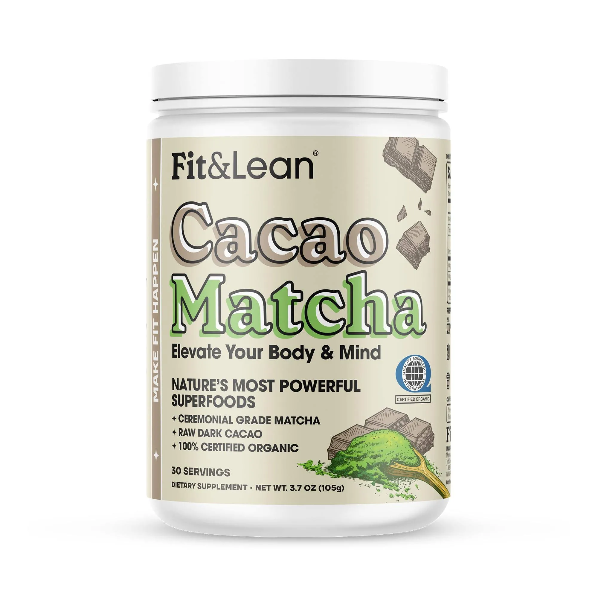 Fit & Lean Cacao Matcha Green Tea Powder, Organic, Japanese Ceremonial Grade, Superfood, Antioxidants, Energy, Mood,105 Grams, 30 Servings