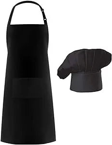 Hyzrz Chef Apron Set, Chef Hat and Kitchen Apron Adult Adjustable Apron with Butcher Hat Baker Costume Kitchen Pocket Apron for Men and Women (Black)