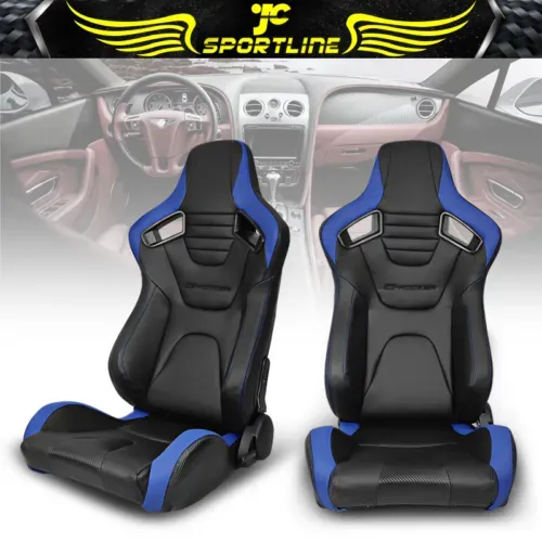 Universal Pair Reclinable Racing Seat Dual Slider Blue Stripe PU Carbon Leather