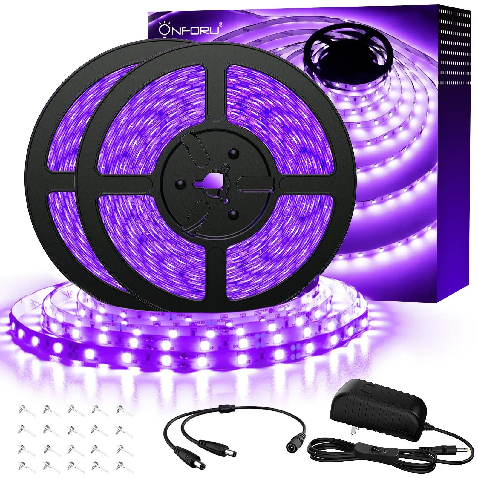 Onforu 65.6ft LED Black Light Strip, 1200 Units Lamp Beads, 12V Flexible Blacklight Fixtures, 20m LED Ribbon, Non-Waterproof Black Lights for Glow