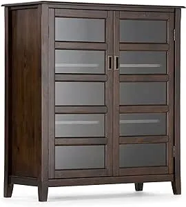 SIMPLIHOME Burlington SOLID WOOD 40 inch Wide Transitional Medium Storage Cabinet in Mahogany Brown, with 2 Tempered Glass Doors that open to 4 Adjustable Shelves