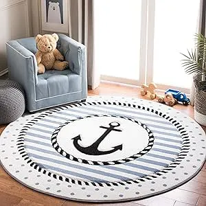 Safavieh Carousel Kids Collection 3' Round Ivory/Navy CRK124A Nautical Anchor Non-Shedding Nursery Playroom Area Rug