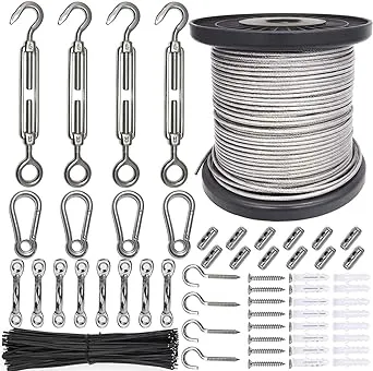 String Light Hanging Kit，Guide Wire for Outdoor String Lights,Vinyl Coated Wire Rope/Cable Outdoor Light Guide Wire,Include 182fts 304 Stainless Steel Wire Cable, Turnbuckle and Hooks