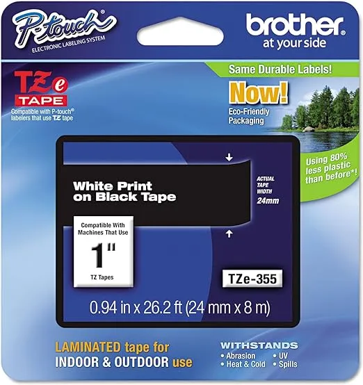 Brother Genuine P-Touch TZE-355 Tape, 1" (0.94") Wide Standard Laminated Tape, White on Black, Laminated for Indoor or Outdoor Use, Water-Resistant, 0.94" x 26.2' (24mm x 8M), Single-Pack, TZE355