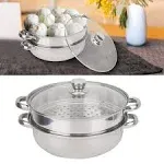 Stainless Steel & Glass 2-Layer Steamer, Round, 27 x 27 x 19.5 cm, 1160g