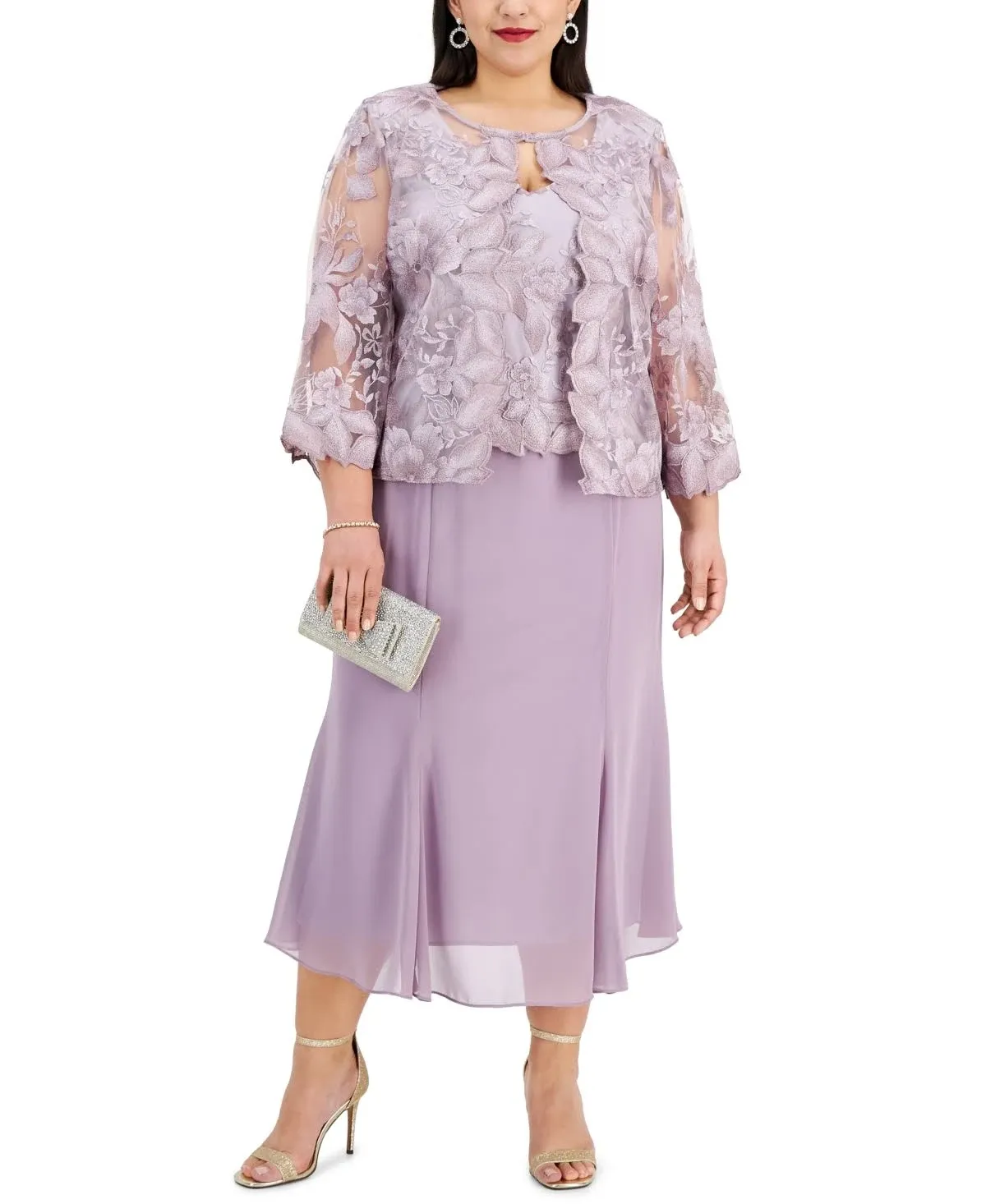 Alex Evenings womens Plus Size Tea Length Button-front Jacket Special Occasion Dress, Smokey Orchid Embroidered, 18 Plus