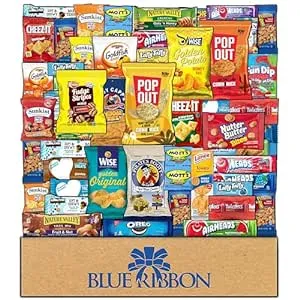 Blue Ribbon Snack Box Care Package Variety Pack (52 Count) Cookies Chips Candy Snacks Box for Office Meetings Schools Friends Family Military