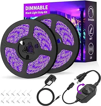 Dimmable Black Light Strip Kit 40ft/12M 720 LEDs, 12V Flexible Blacklight Fixtures, 385nm-400nm, Black Light LED Strips for Glow Party Fluorescent Poster Halloween Indoor Bedroom Decor, Non-Waterproof